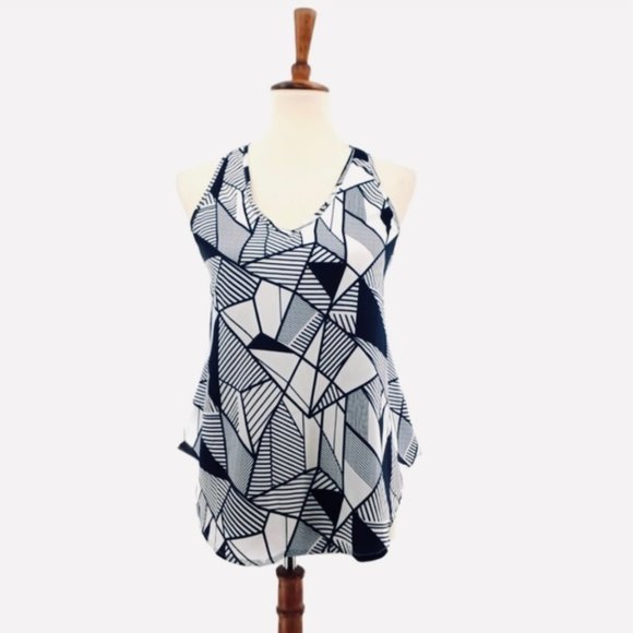 YA Los Angeles Blue White Tank Top Ruffled Sheer Blouse Open Back Sleeveless - Picture 2 of 13